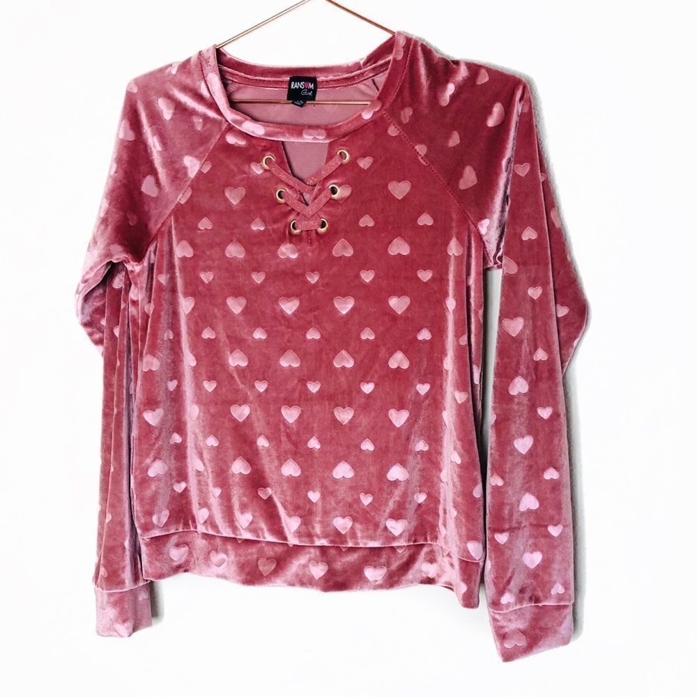 NWOT Ransom Girl Pink Velvet Hearts Top JR Girl 14